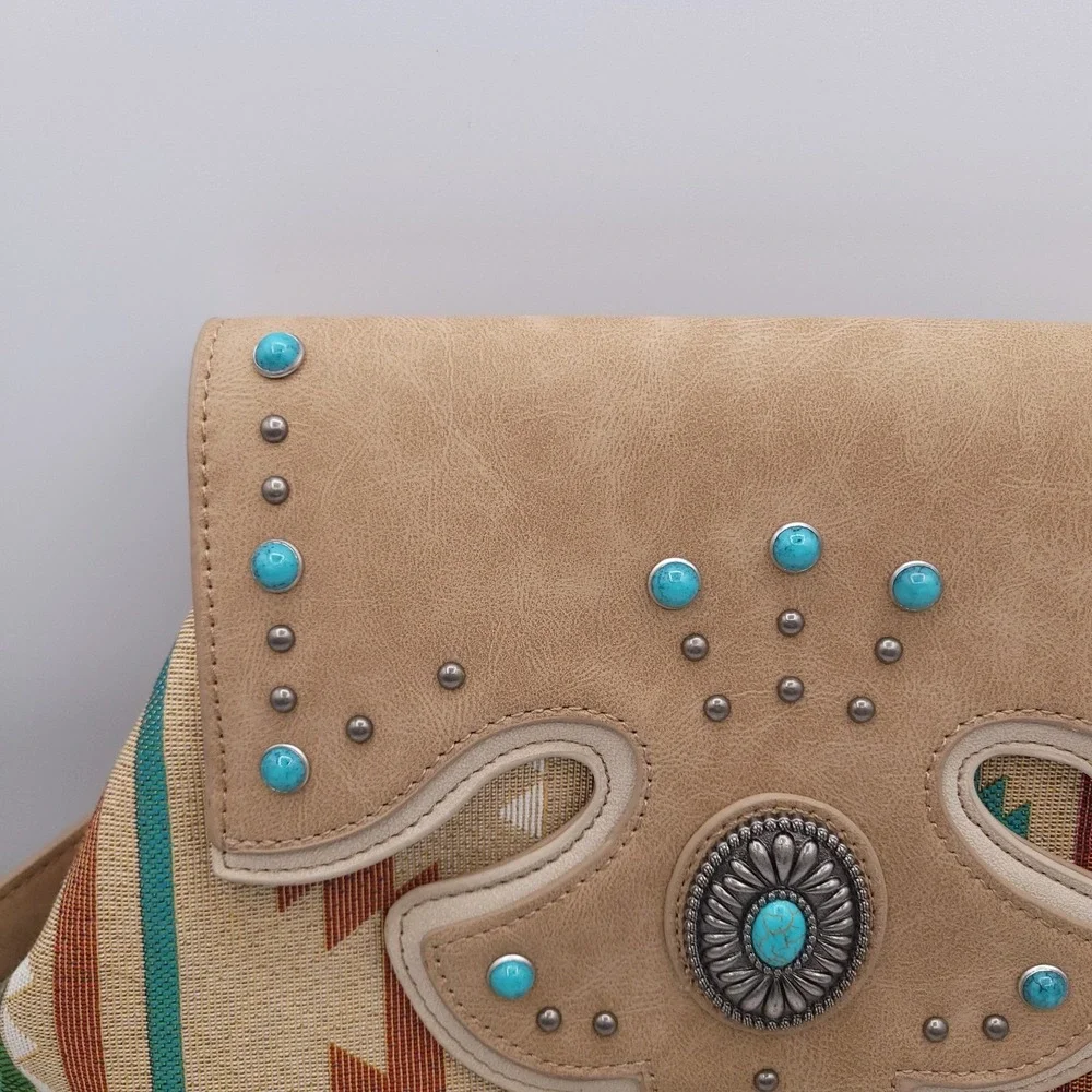 Justin Boots Southwestern Style Leather Backpack Purse Tan and Turquoise Bag